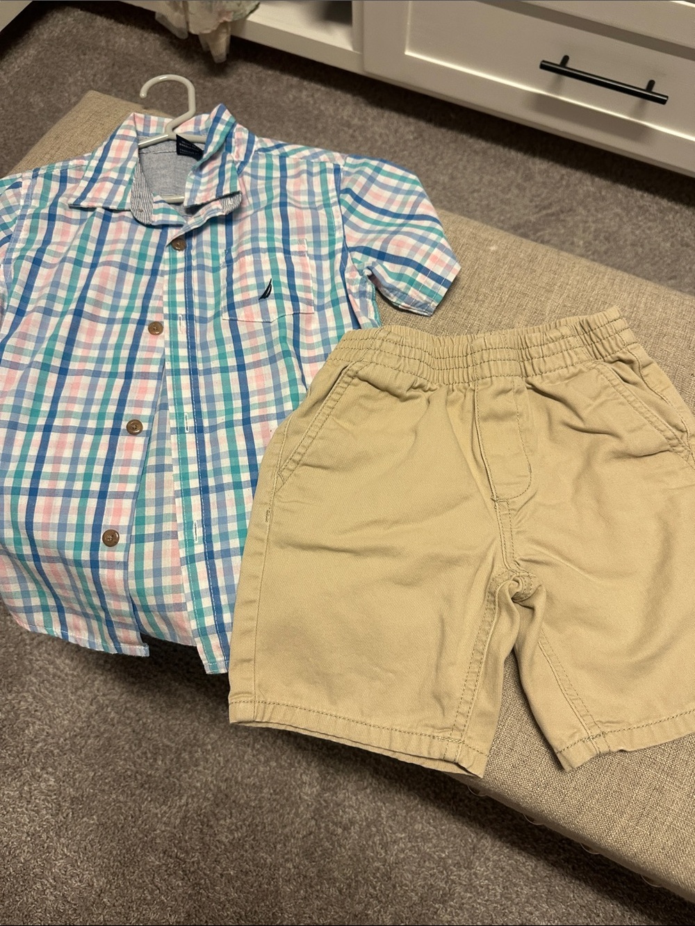 Nautica Blue, Pink & White Plaid Button-Up with Khaki Shorts